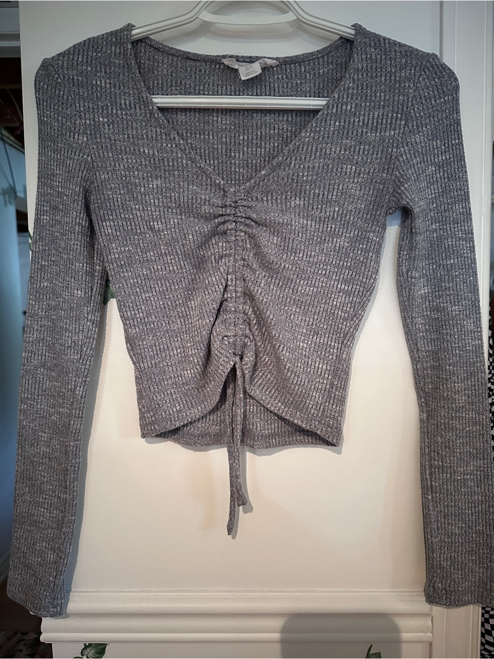 Women's Grey Ribbed Drawstring V-Neck Long Sleeve Top
